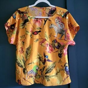 Anthropologie Leifsdottir Yellow Silk Short Sleeves Top Relaxed Fit Animal Print